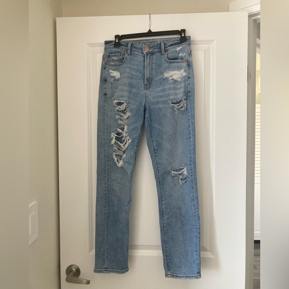 American Eagle Outfitters Blue Straight Leg Jeans with Distressed Details